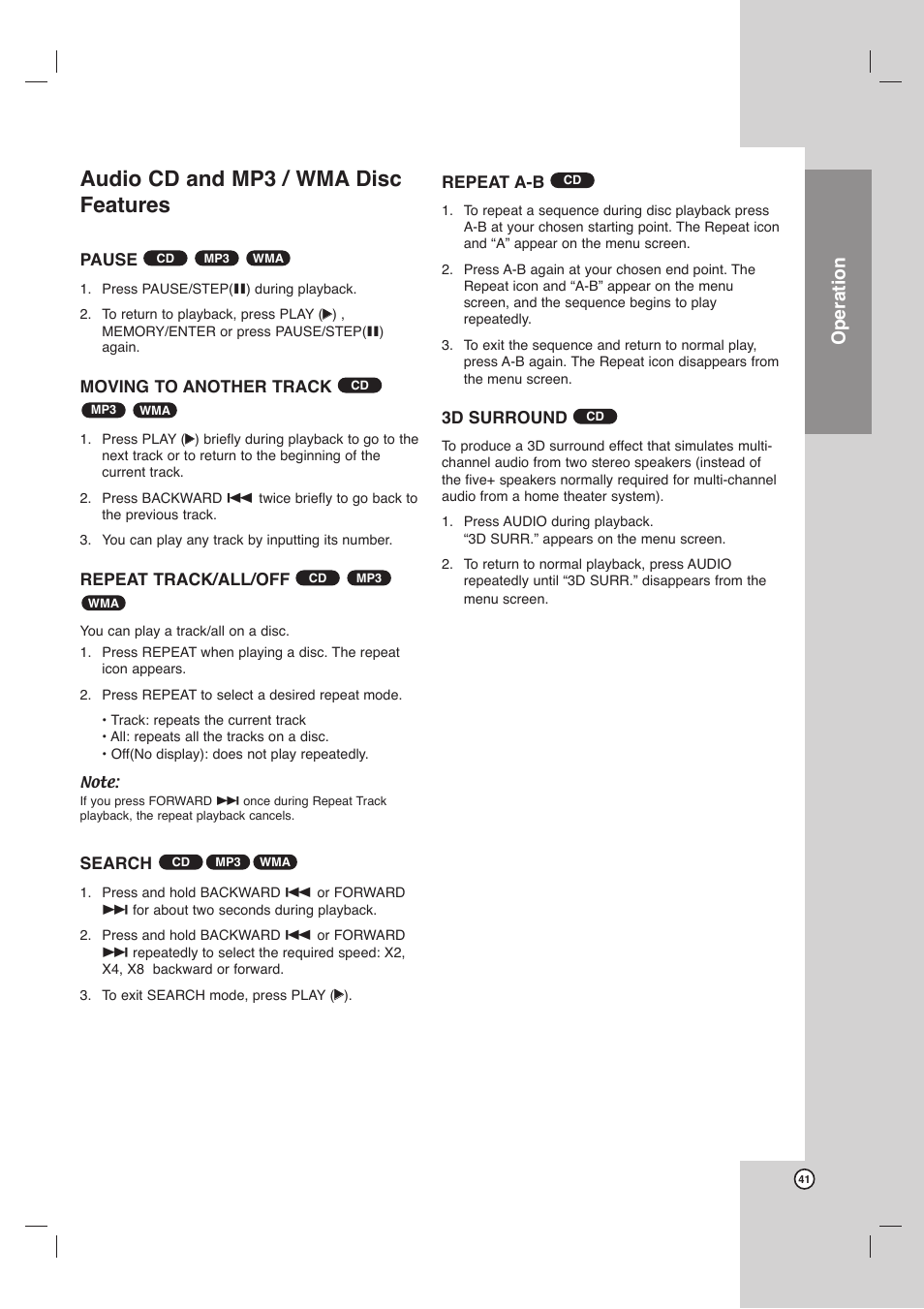 Audio cd and mp3 / wma disc features, Operation | LG LHX-557 User Manual | Page 41 / 56