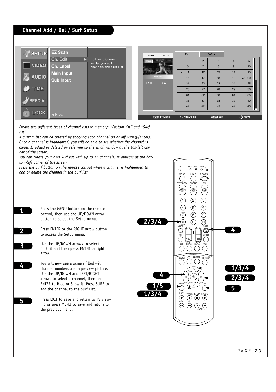 Channel add / del / surf setup, Setup, Setup video video audio audio lock lock | Time, Special | LG RU-52SZ61D User Manual | Page 23 / 60