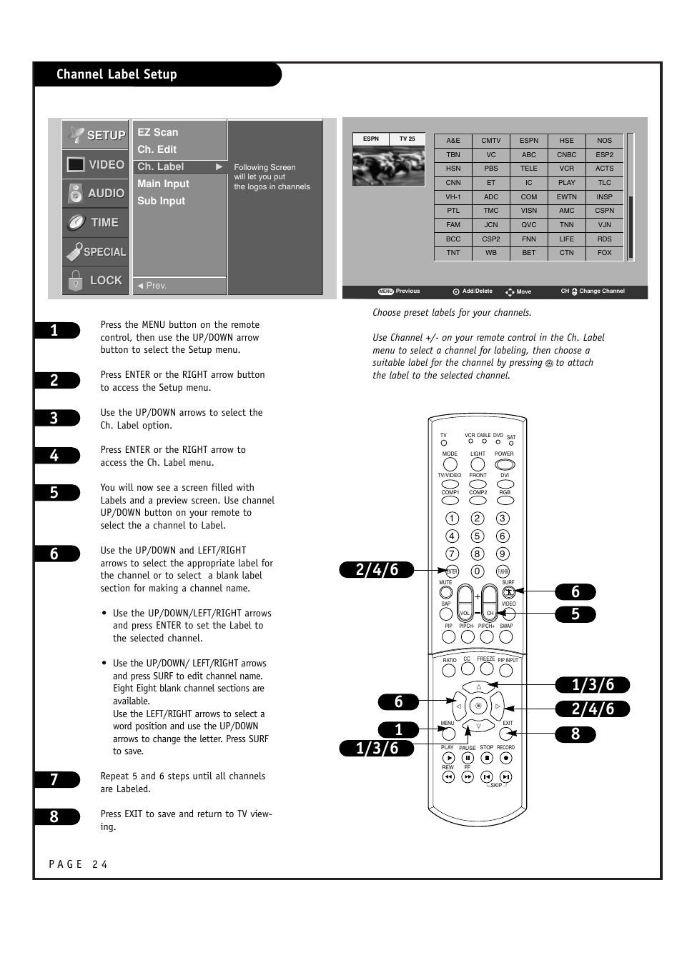 Channel label setup, Setup, Setup video video audio audio time time lock lock | Special | LG RU-52SZ61D User Manual | Page 24 / 60