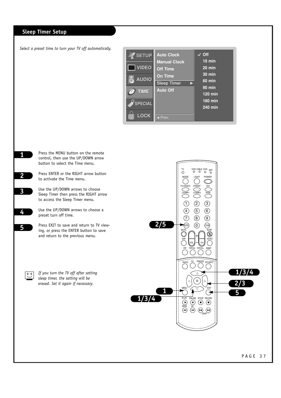 Sleep timer setup | LG RU-52SZ61D User Manual | Page 37 / 60