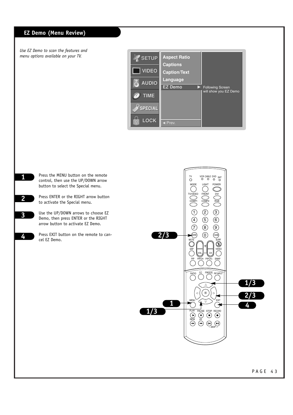 Ez demo (menu review), Setup, Setup video video audio audio time time lock lock | LG RU-52SZ61D User Manual | Page 43 / 60