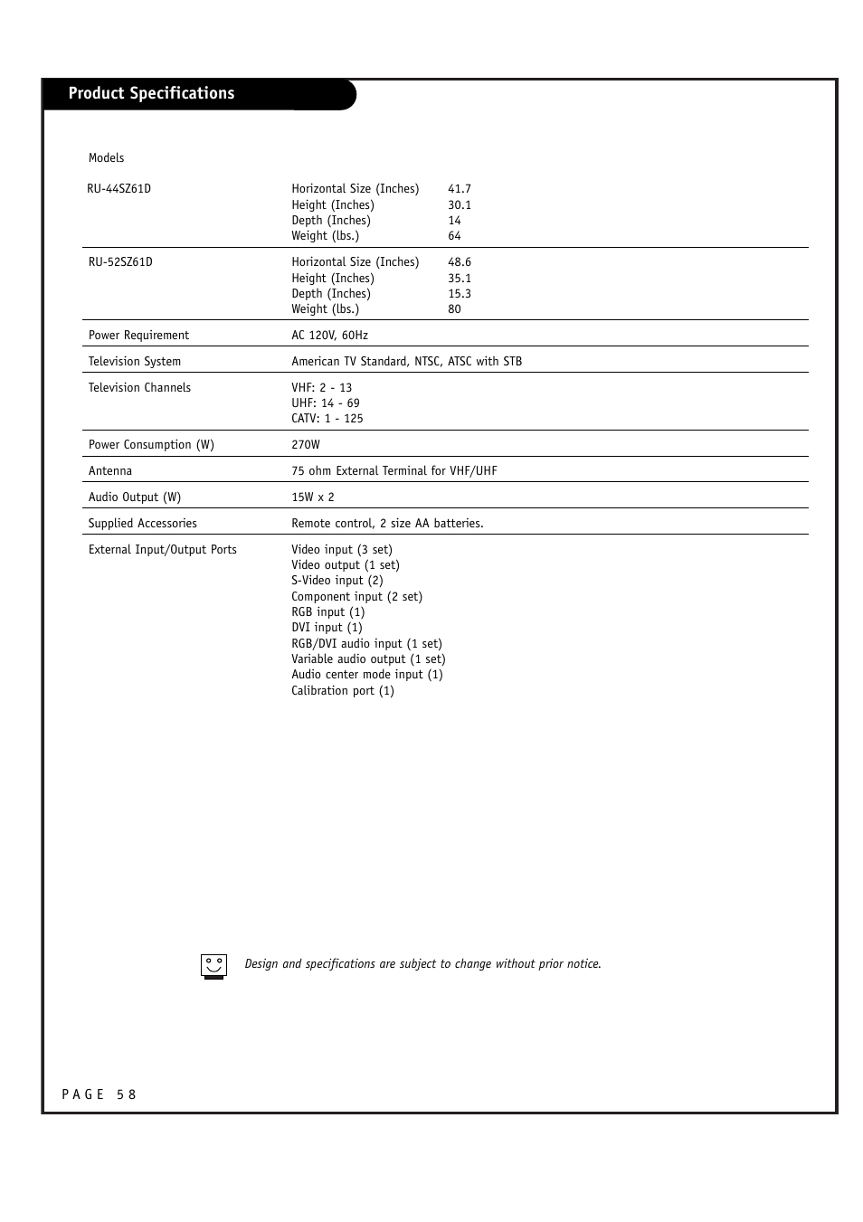 Product specifications | LG RU-52SZ61D User Manual | Page 58 / 60