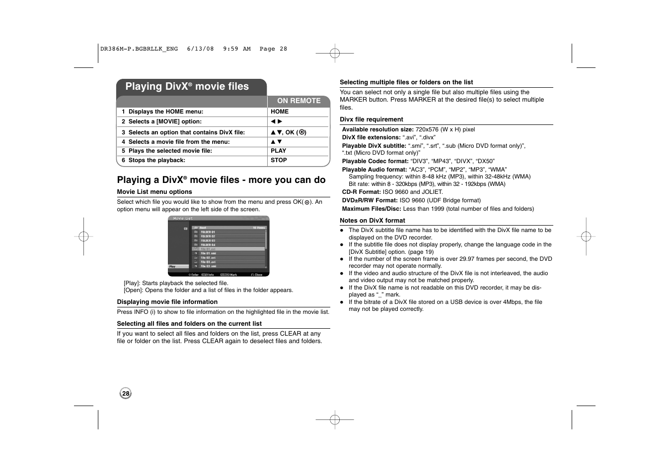 Playing divx, Movie files, Playing a divx | Movie files - more you can do | LG DRT389H User Manual | Page 28 / 40