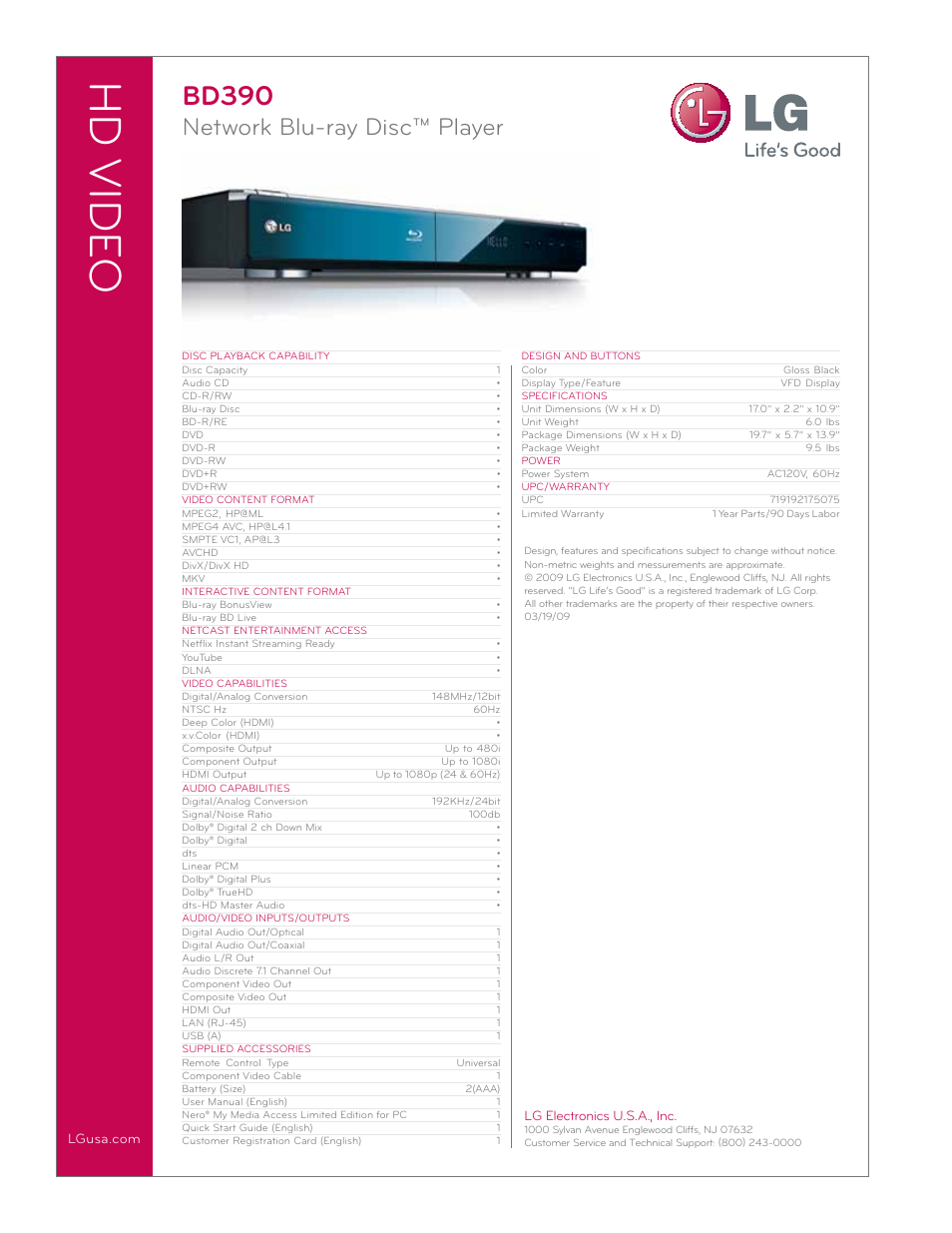 Hd vide o, Bd390, Network blu-ray disc™ player | Lg electronics u.s.a., inc | LG BD390 User Manual | Page 2 / 2