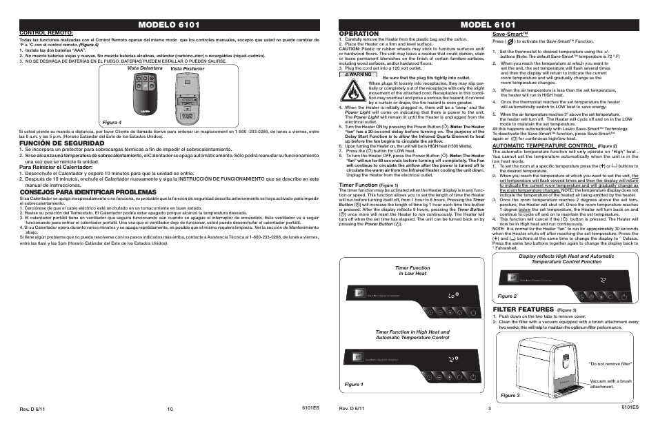 Model 6101, Modelo 6101, Filter features | Operation, Consejos para identificar problemas, Función de seguridad | Lasko 6101 User Manual | Page 3 / 6