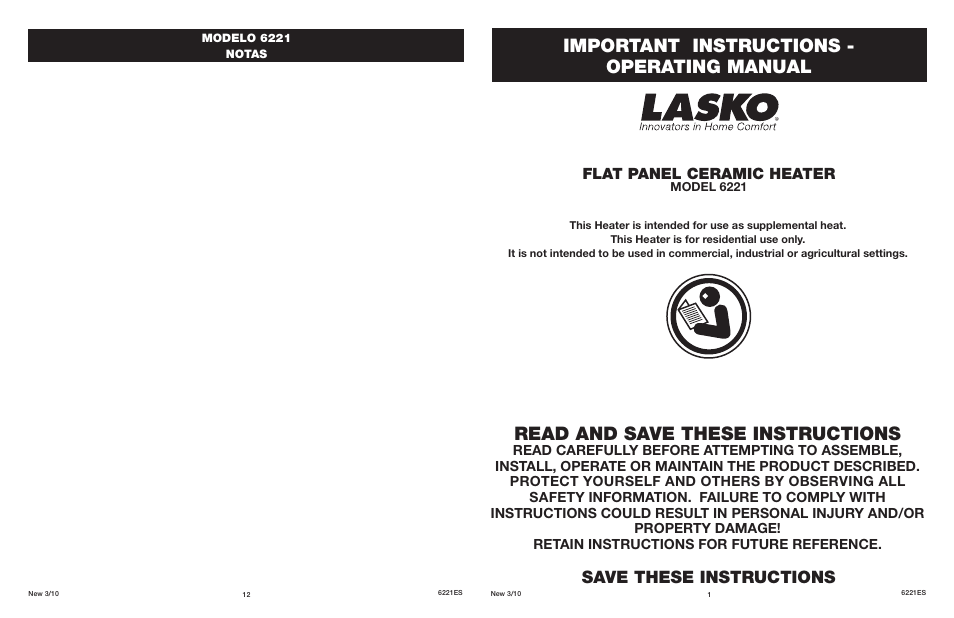 Lasko Flat Panel Ceramic Heater 6221 User Manual | 6 pages