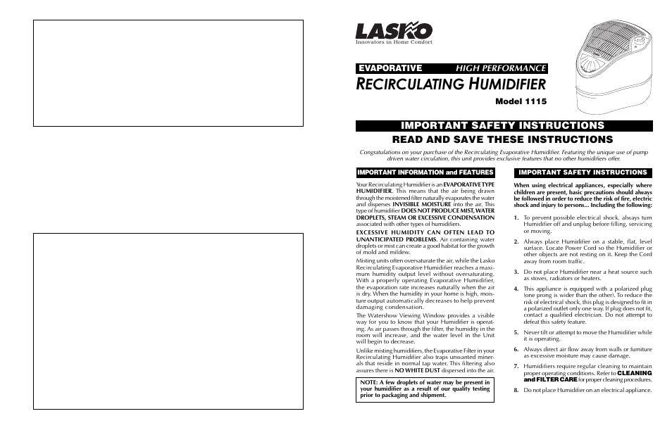 Lasko 1115 User Manual | 2 pages
