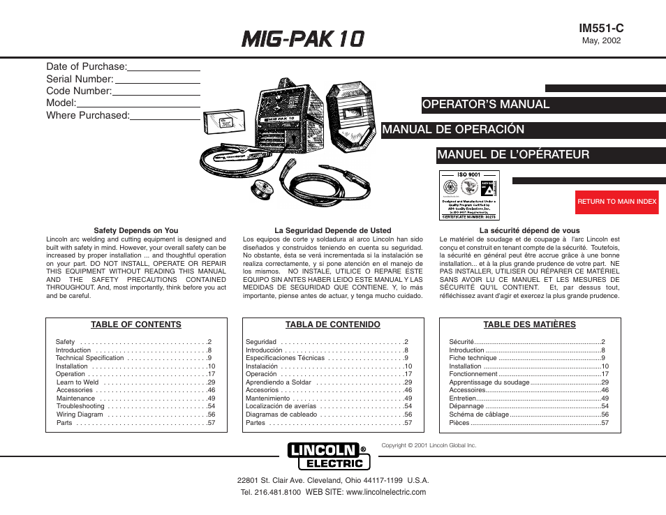 Lincoln Electric MIG-PAK 10 User Manual | 64 pages