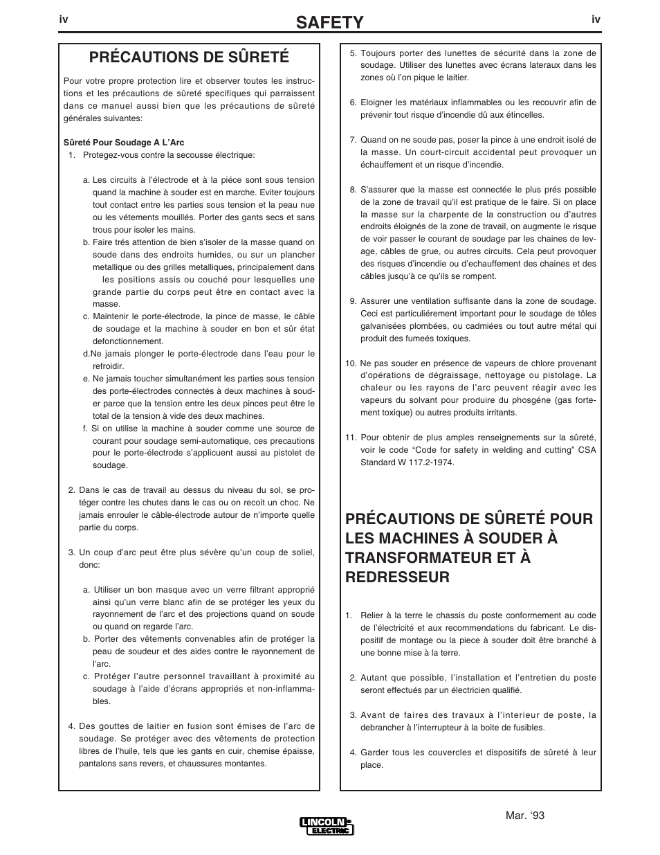 Safety, Précautions de sûreté | Lincoln Electric WELD-PAK 3200HD User Manual | Page 5 / 48