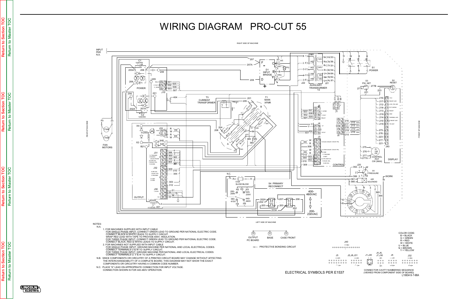 Wiring diagram pro-cut 55, Electrical diagrams, Wiring diagram - entire machine | Procut 55, Electrical symbols per e1537, Ab c d f | Lincoln Electric PRO-CUT 55 SVM140-A User Manual | Page 109 / 121