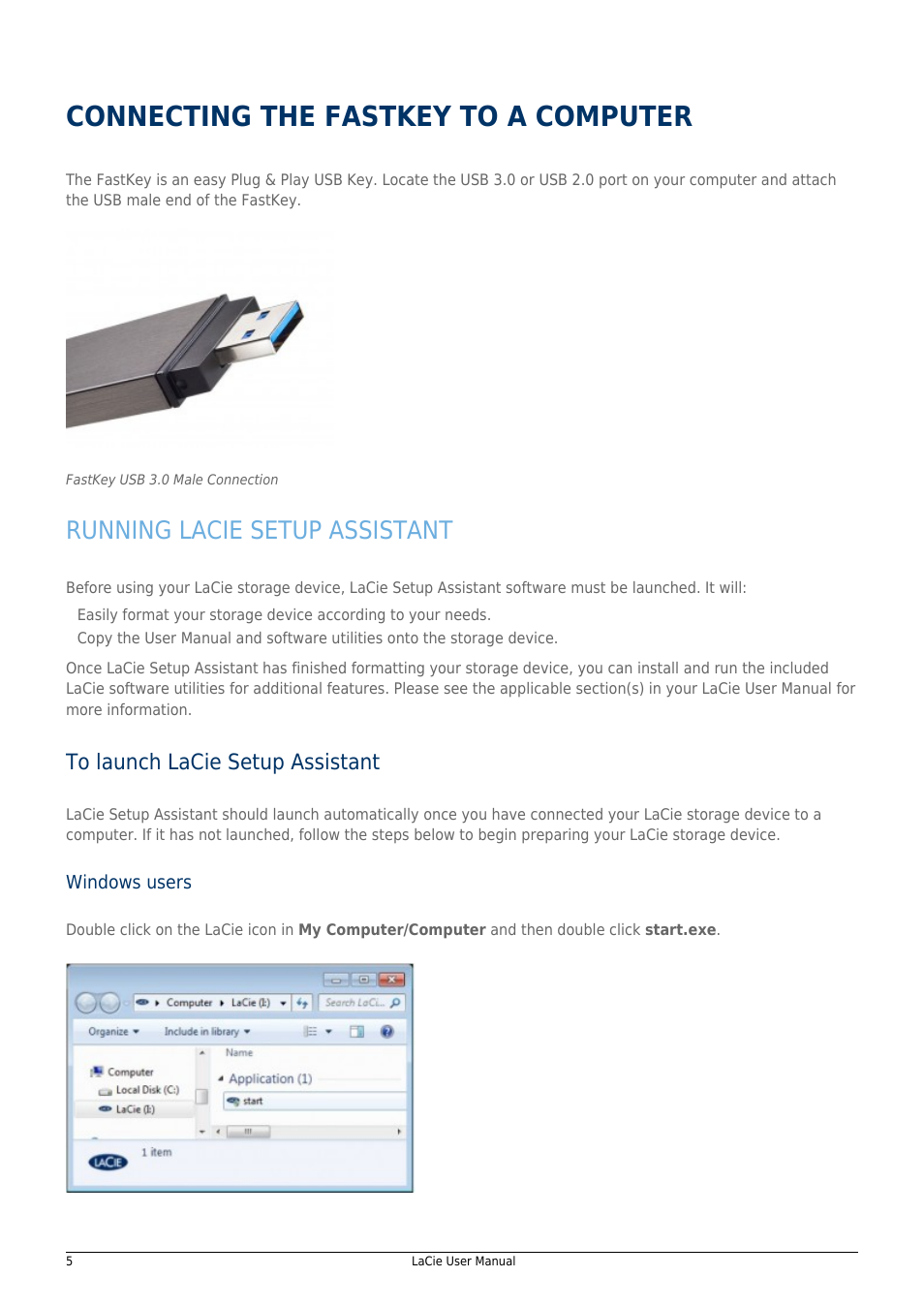 Connecting the fastkey to a computer, Running lacie setup assistant, To launch lacie setup assistant | LaCie 14F User Manual | Page 5 / 54