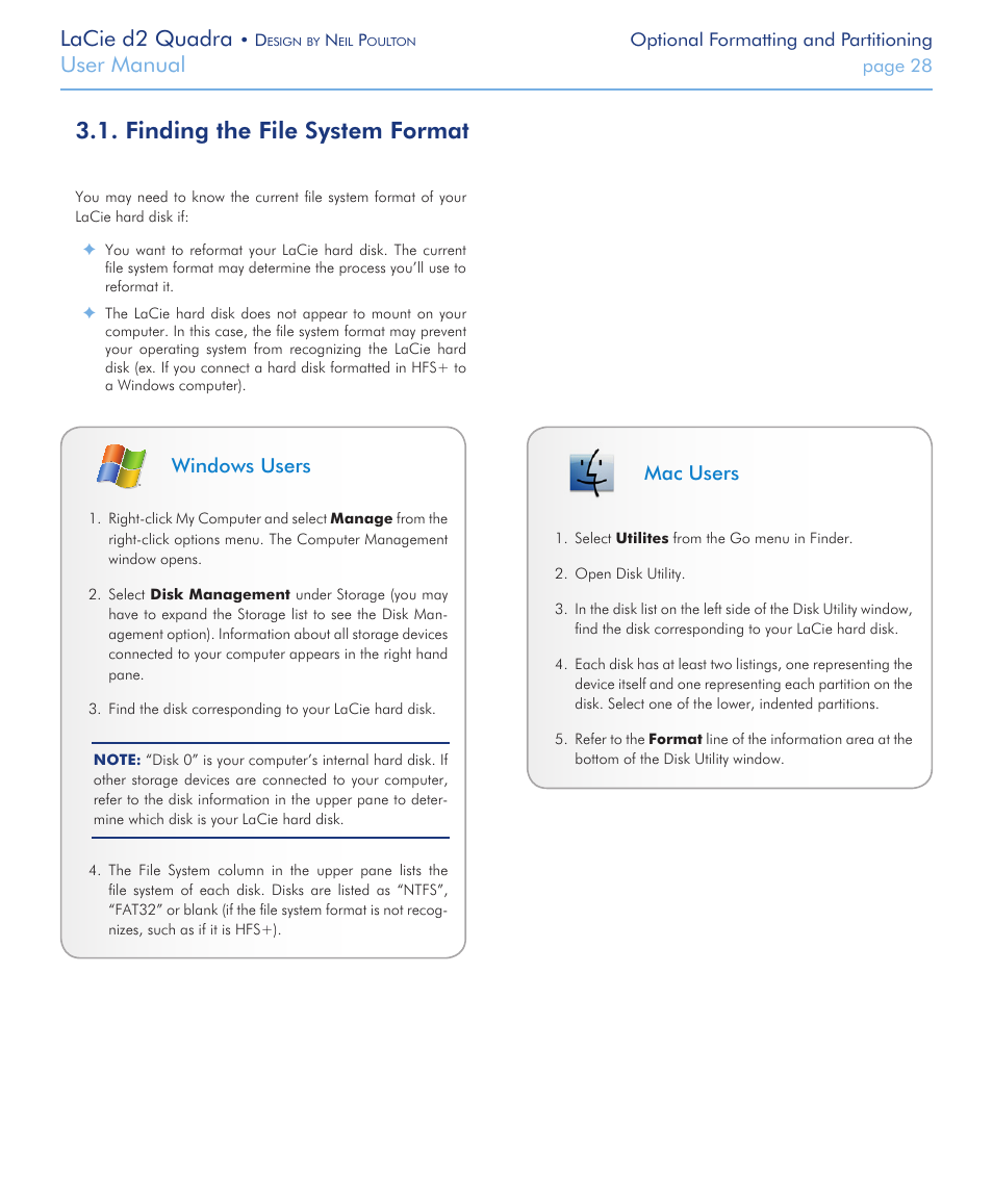 Finding the file system format, Lacie d2 quadra, User manual | Windows users, Mac users | LaCie FireWire 800 User Manual | Page 28 / 40