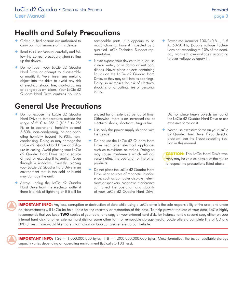 Health and safety precautions, General use precautions, Lacie d2 quadra | User manual | LaCie FireWire 800 User Manual | Page 3 / 40