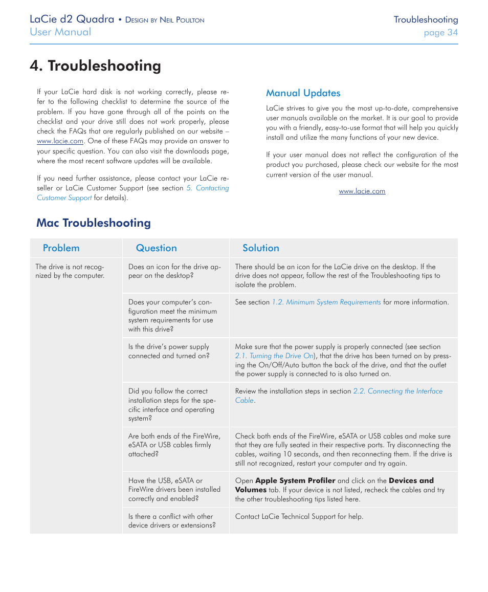 Troubleshooting, Mac troubleshooting, Lacie d2 quadra | User manual, Manual updates, Problem question solution | LaCie FireWire 800 User Manual | Page 34 / 40