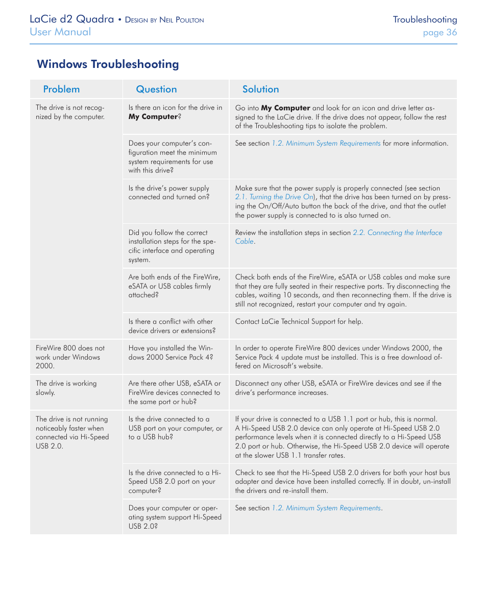 Windows troubleshooting, Lacie d2 quadra, User manual | Problem question solution | LaCie FireWire 800 User Manual | Page 36 / 40