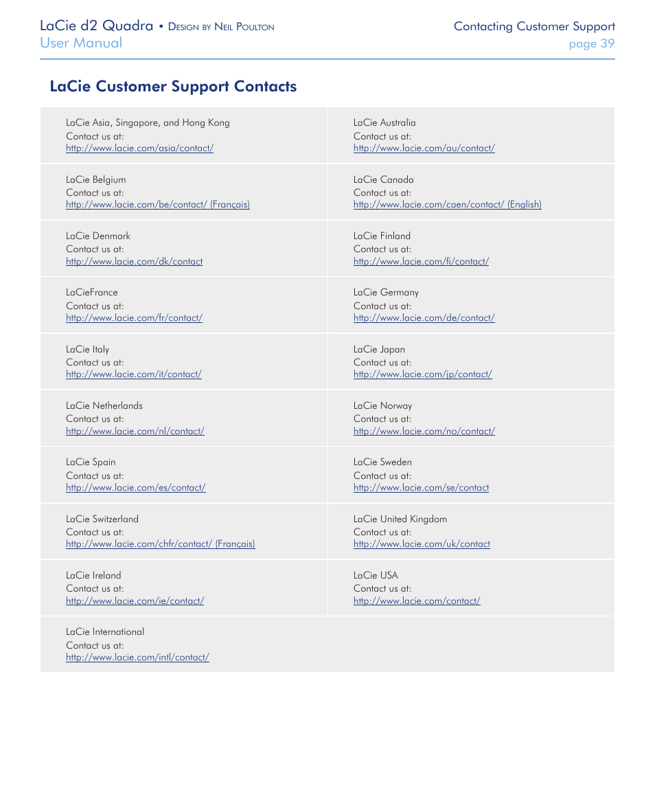 Lacie customer support contacts, Lacie d2 quadra, User manual | LaCie FireWire 800 User Manual | Page 39 / 40