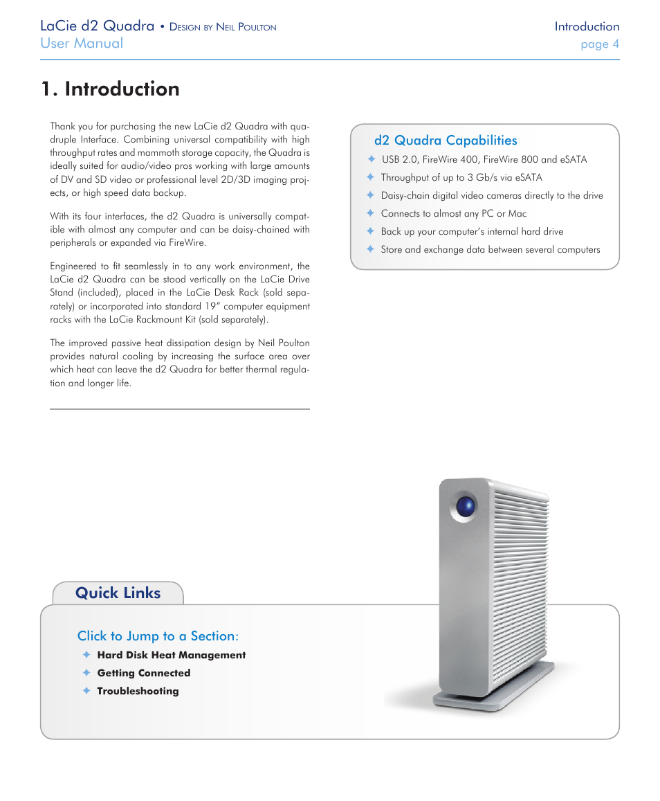 Introduction, Quick links, Lacie d2 quadra | User manual | LaCie FireWire 800 User Manual | Page 4 / 40
