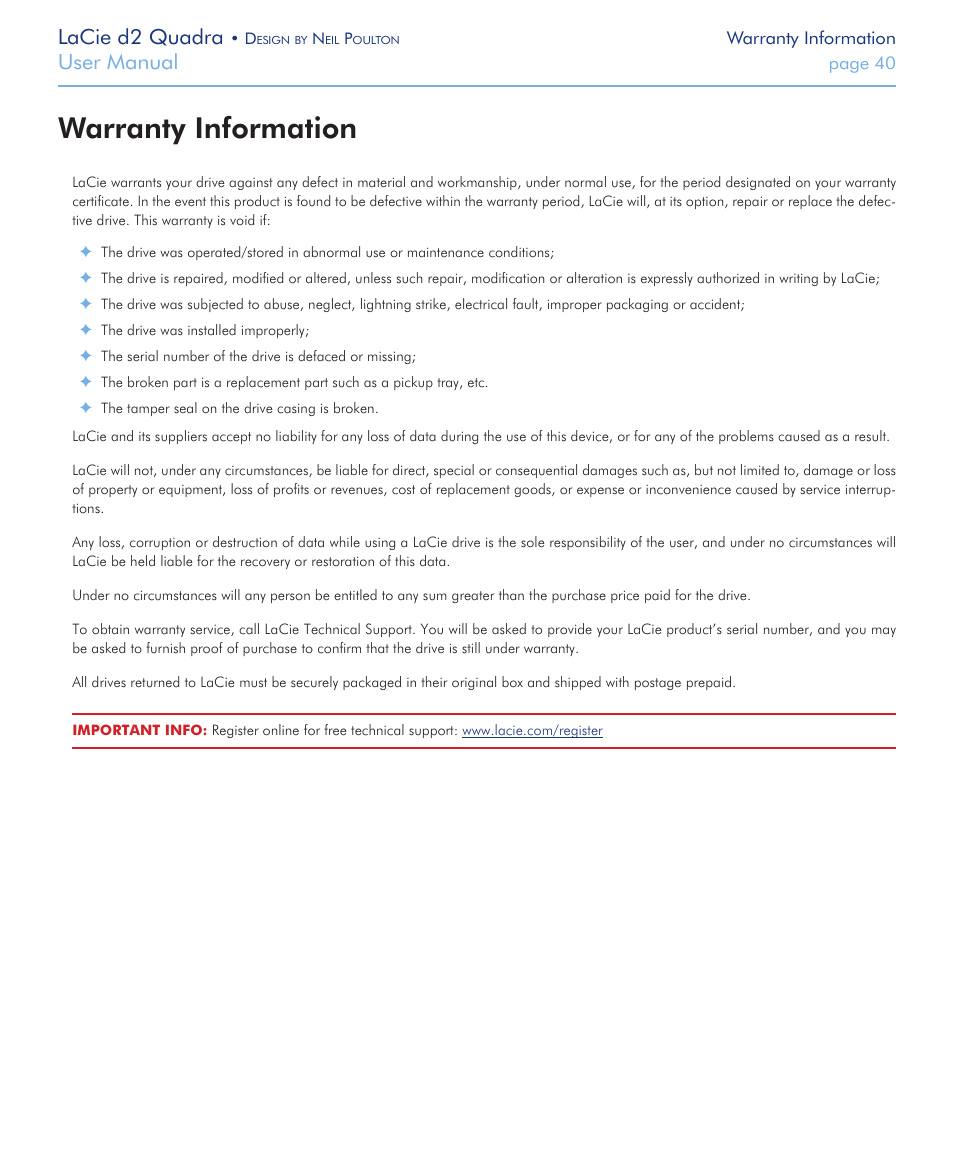 Warranty information, Lacie d2 quadra, User manual | LaCie FireWire 800 User Manual | Page 40 / 40