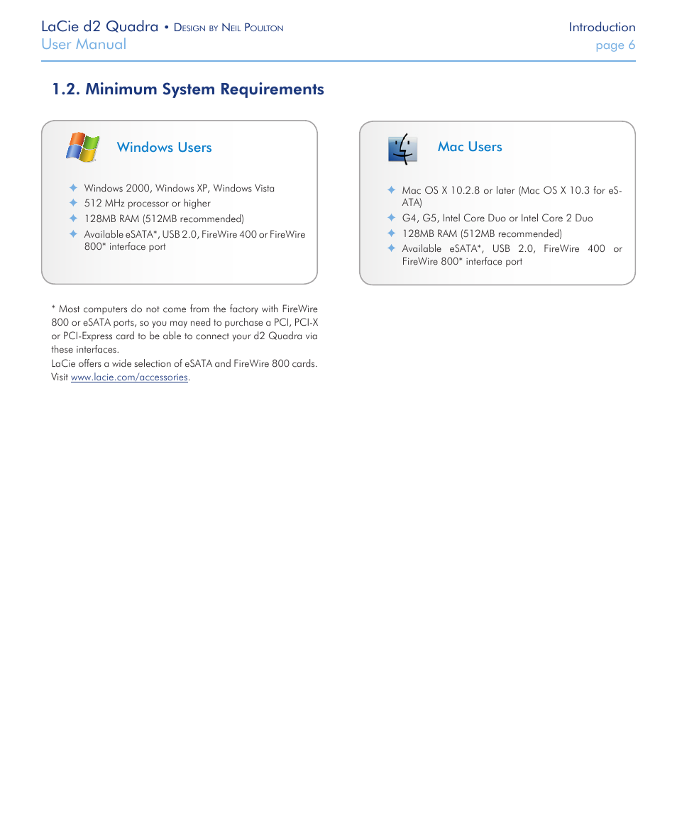 Minimum system requirements, Lacie d2 quadra, User manual | LaCie FireWire 800 User Manual | Page 6 / 40