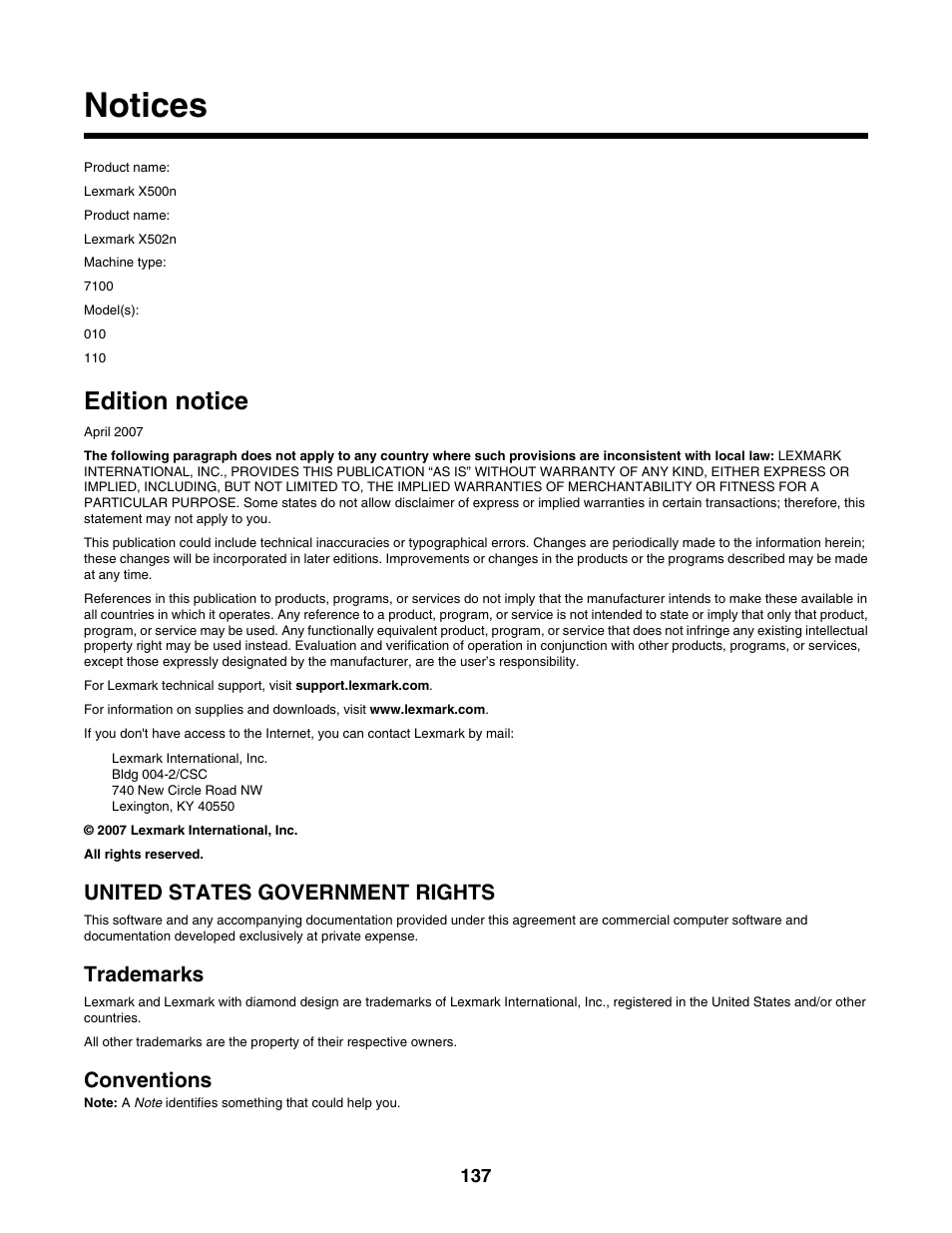Notices, Edition notice, United states government rights | Trademarks, Conventions | Lexmark X500N User Manual | Page 137 / 150