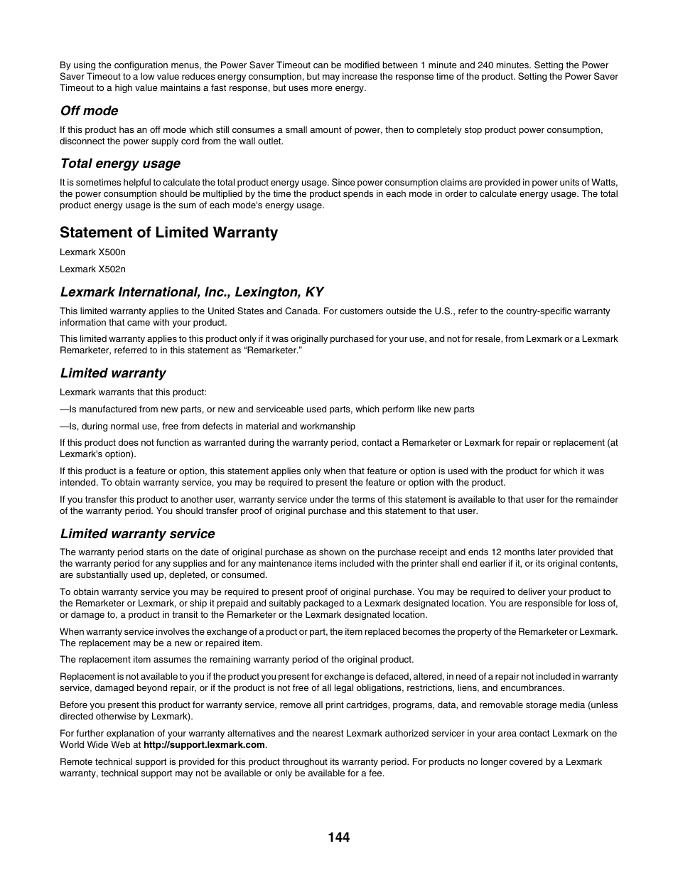 Off mode, Total energy usage, Statement of limited warranty | Lexmark international, inc., lexington, ky, Limited warranty, Limited warranty service | Lexmark X500N User Manual | Page 144 / 150