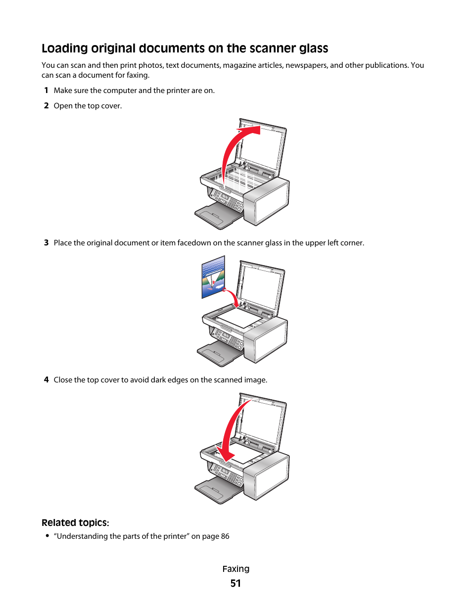 Loading original documents on the scanner glass | Lexmark 5300 User Manual | Page 51 / 179