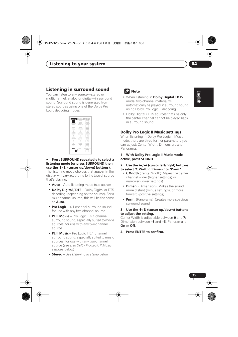 Listening in surround sound, Dolby pro logic ii music settings, Listening to your system 04 | Pioneer S-DV440 User Manual | Page 25 / 74