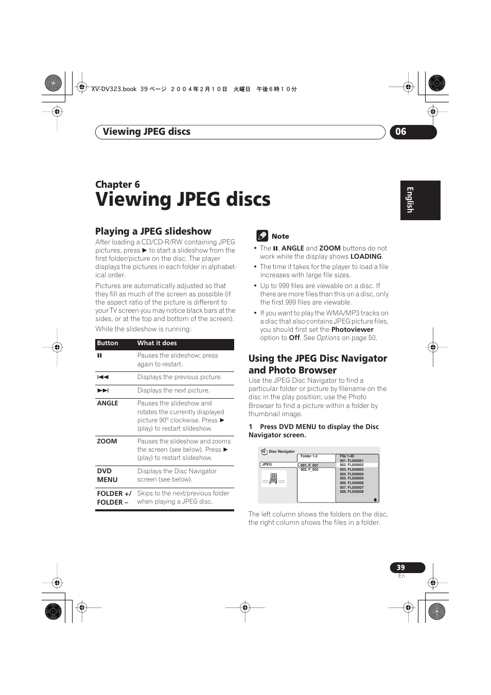 06 viewing jpeg discs, Playing a jpeg slideshow, Using the jpeg disc navigator and photo browser | Viewing jpeg discs, Viewing jpeg discs 06, Chapter 6 | Pioneer S-DV440 User Manual | Page 39 / 74