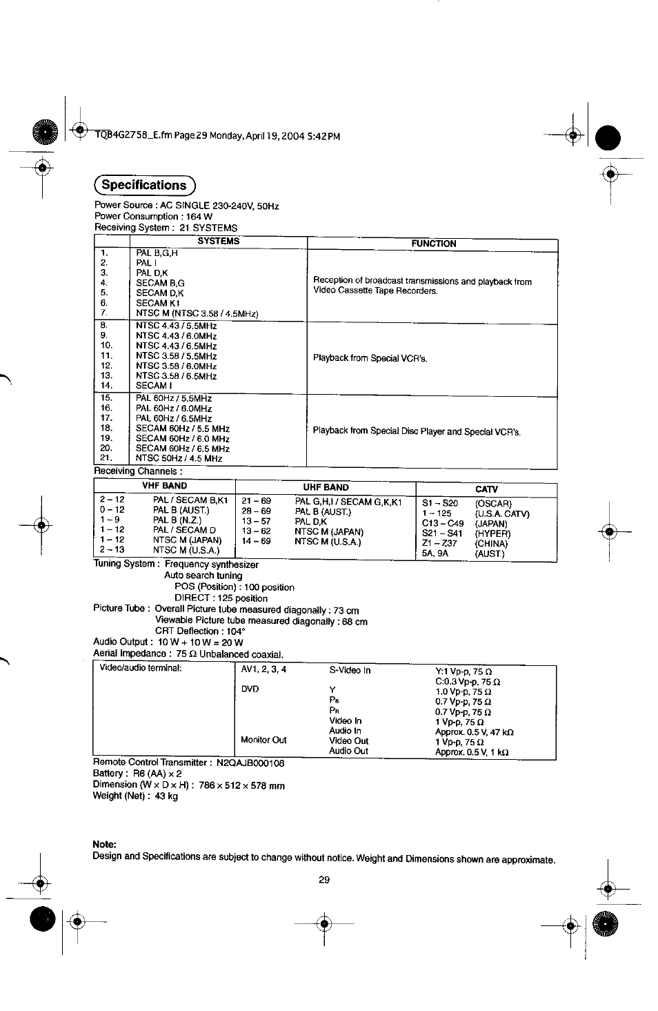 Specifications ) | Panasonic TX-29F155A User Manual | Page 29 / 32