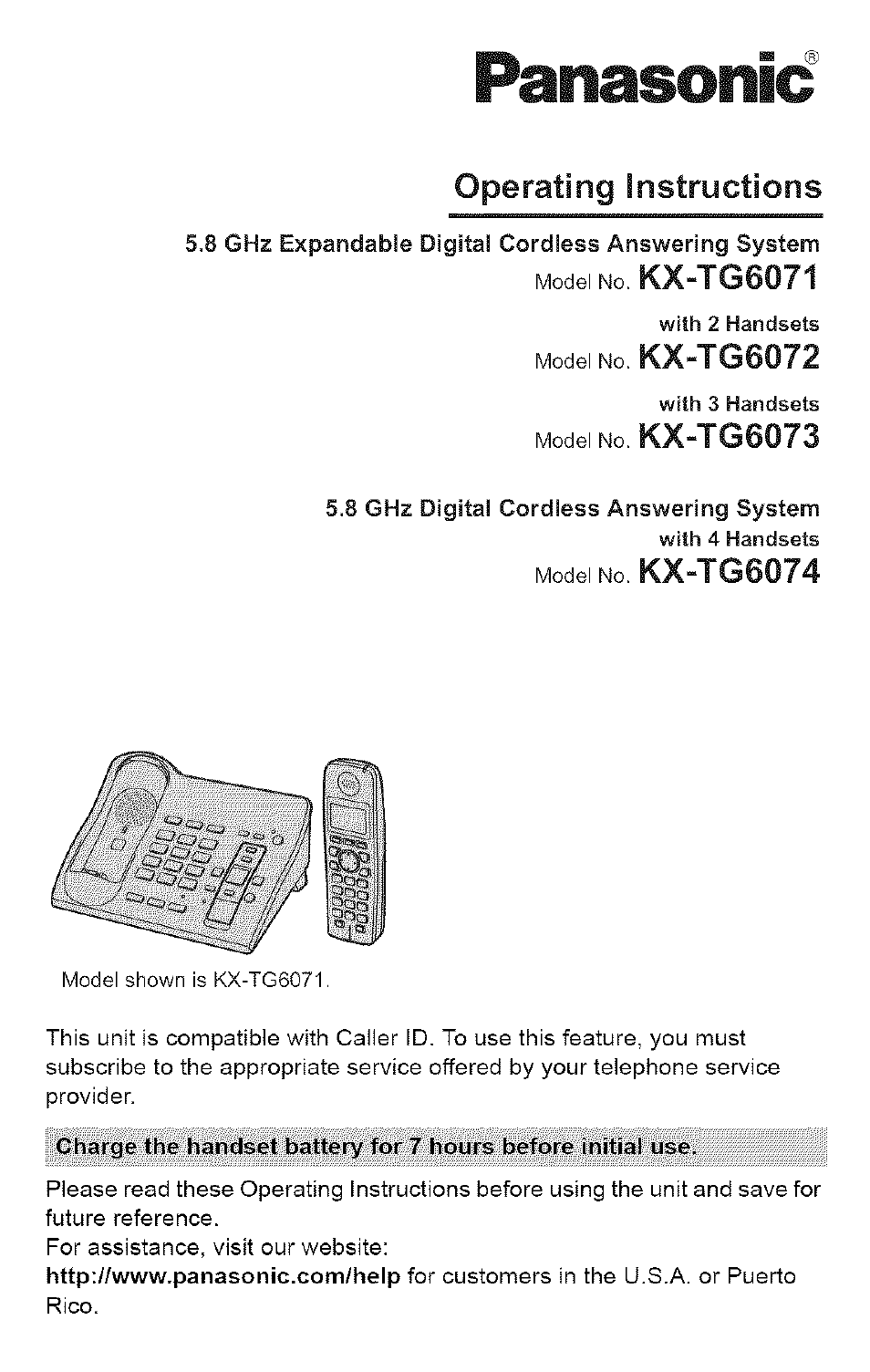 Panasonic 5.8 GHZ EXPANDABLE DIGITAL CORDLESS ANSWERING SYSTEM KX-TG6074 User Manual | 56 pages