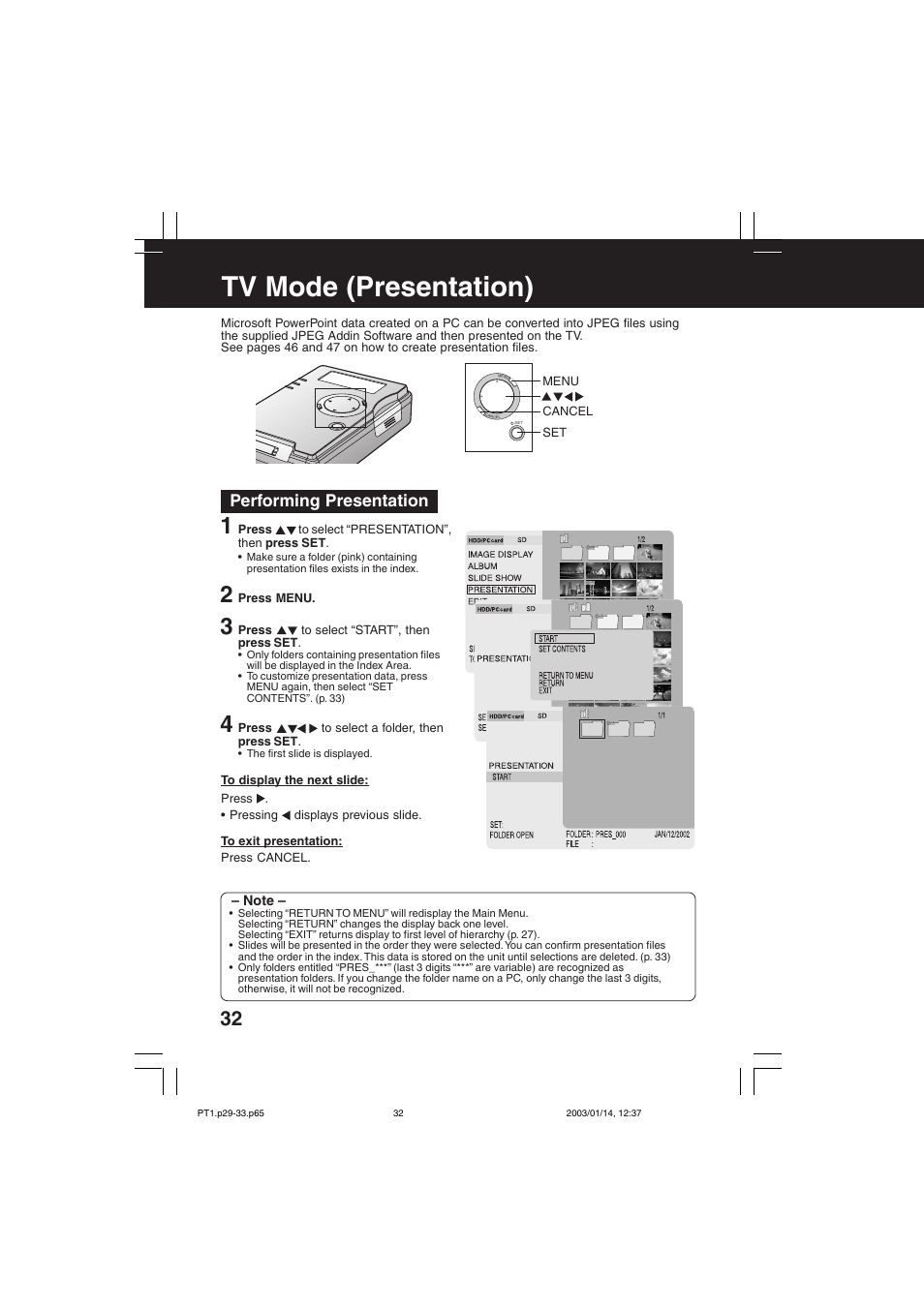 Presentation, Tv mode (presentation), Performing presentation | Panasonic SV-PT1PP User Manual | Page 32 / 62