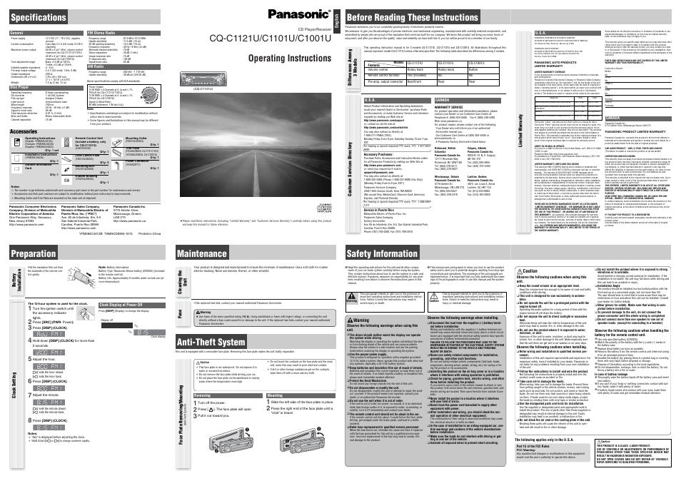 Panasonic CQ-C1001U User Manual | 2 pages
