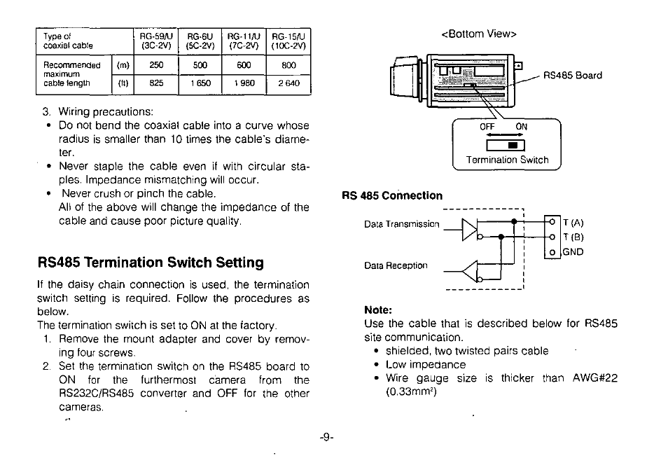 Rs 485 connection, Note, Rs485 termination switch setting | Panasonic WV-CPR650 User Manual | Page 11 / 48