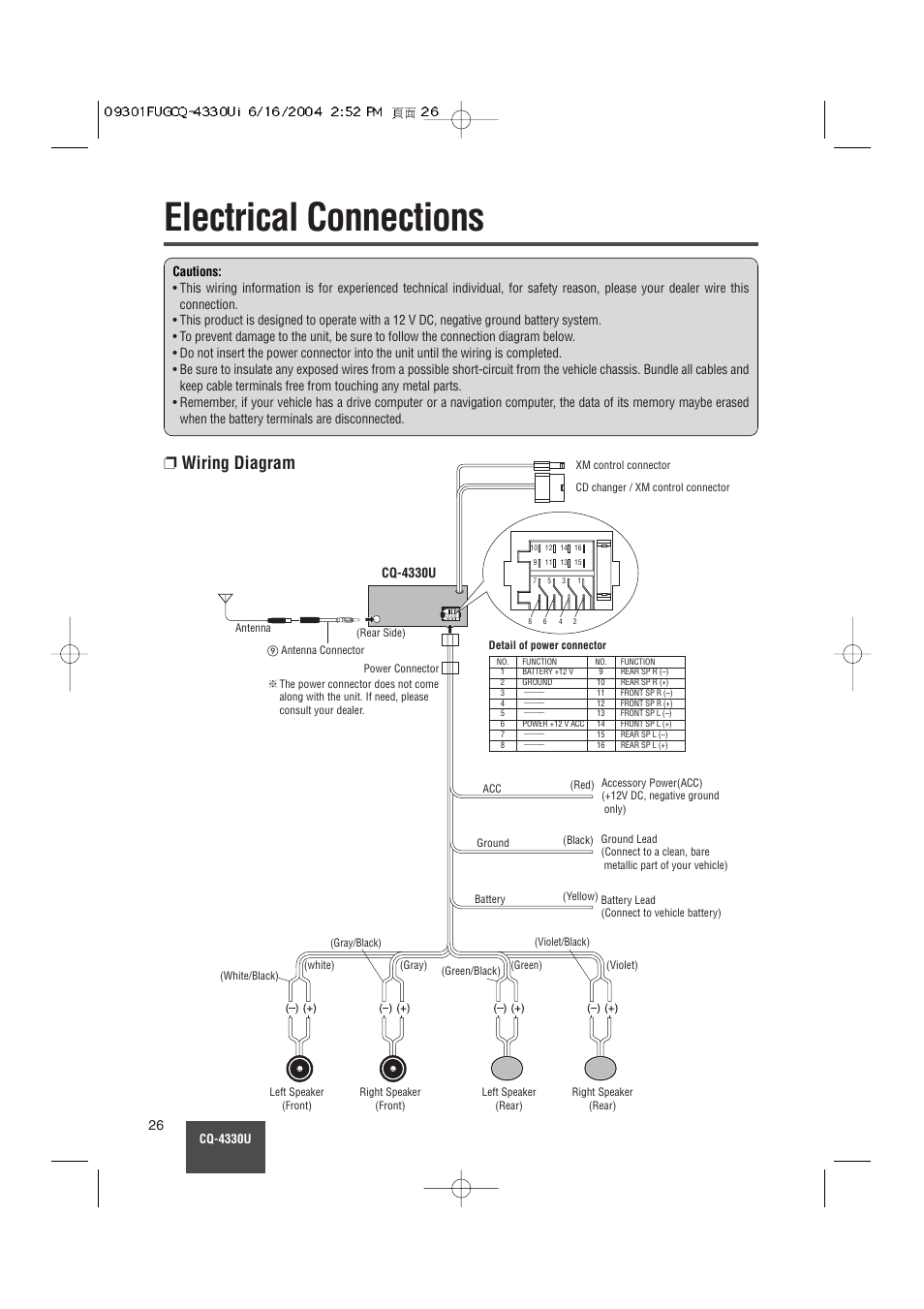 Electrical connections, Wiring diagram | Panasonic CQ-4330U User Manual | Page 26 / 30