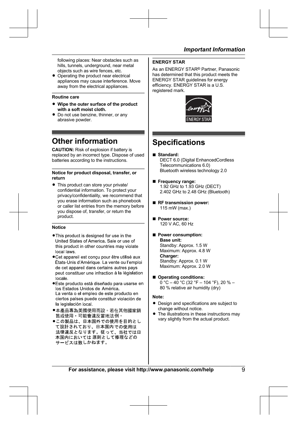 Other information, Specifications, Other information specifications | Panasonic KX-TG7644 User Manual | Page 9 / 100