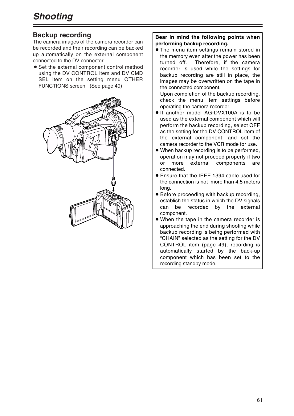 Backup recording, Shooting | Panasonic AG-DVX100AP User Manual | Page 61 / 72