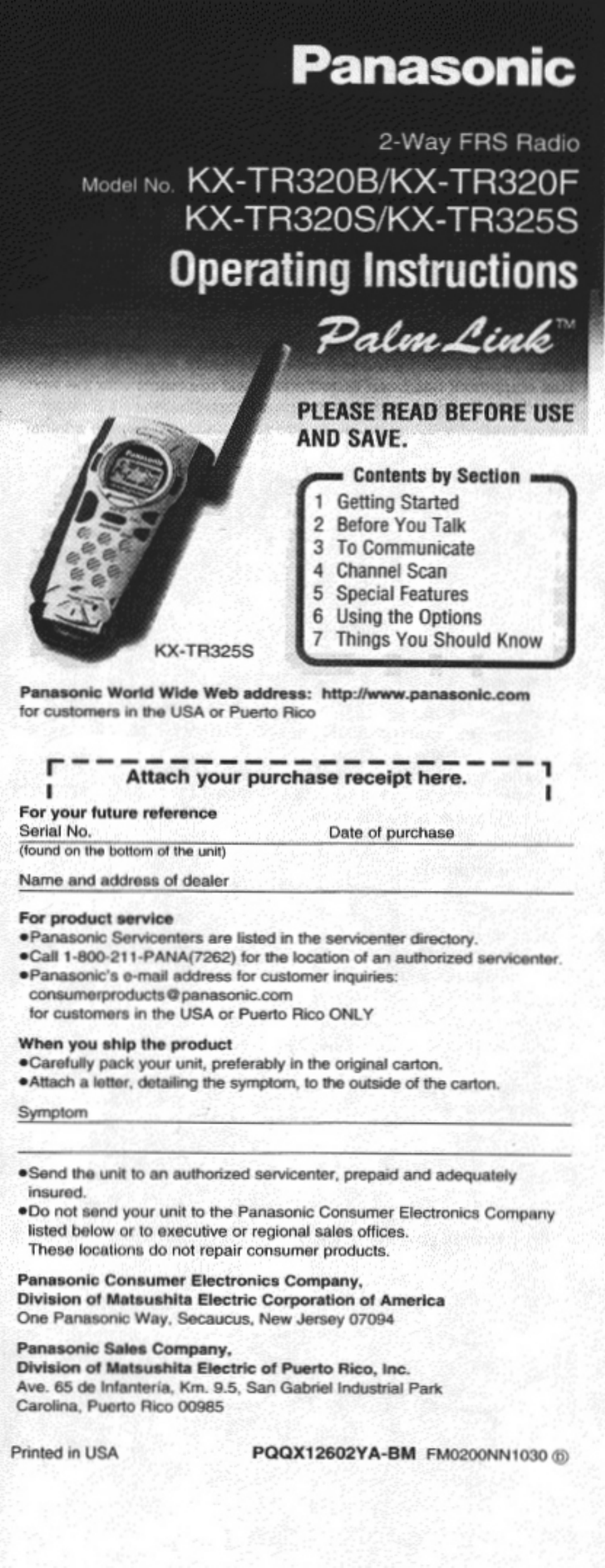 Panasonic PALMLINK KX-TR320B User Manual | 10 pages
