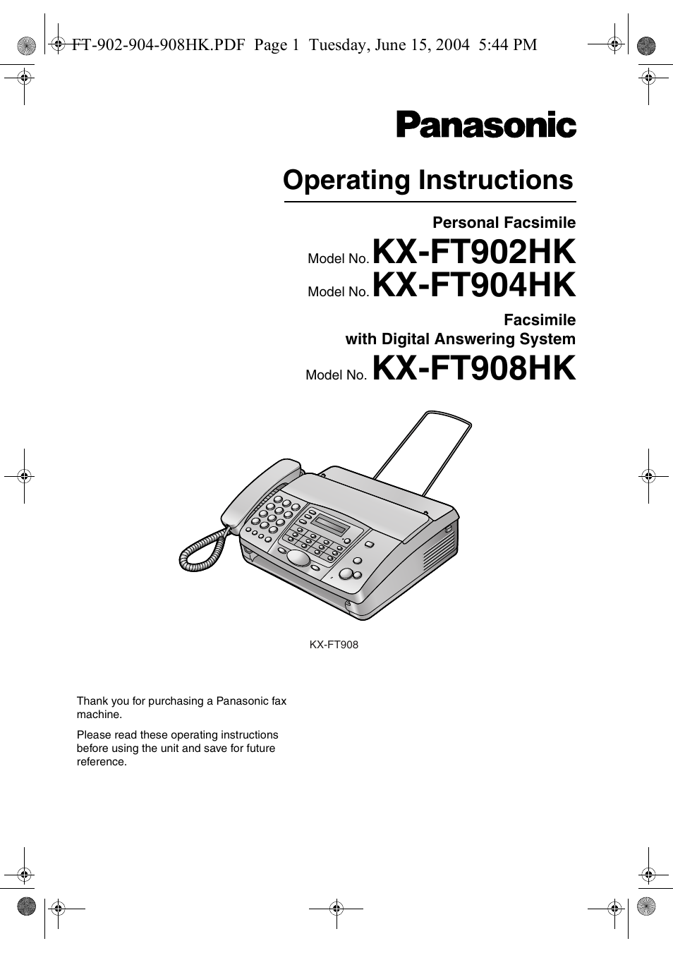 Panasonic KX-FT904HK User Manual | 20 pages