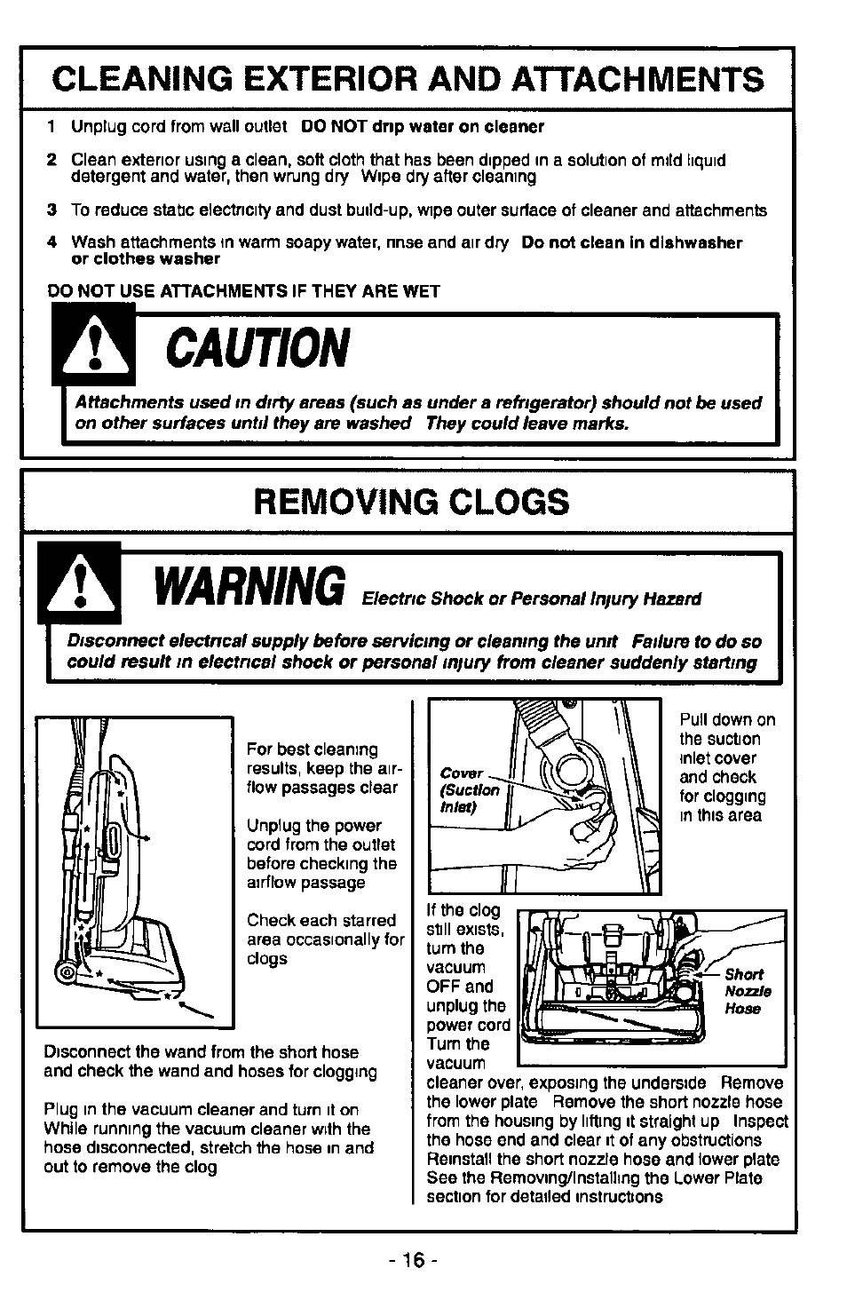 Cleaning exterior and attachments, Removing clogs, Acaution | Warning | Panasonic QUICKDRAW MC-V5117 User Manual | Page 16 / 20