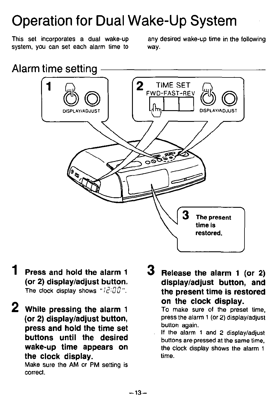 Operation for dual wake-up system, Alarm time setting | Panasonic RC6099 User Manual | Page 13 / 20
