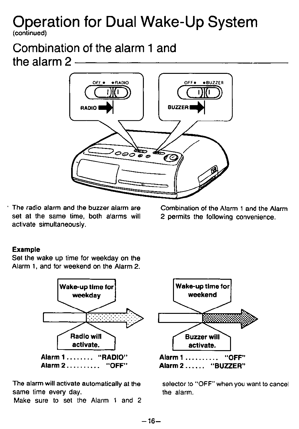 Operation for dual wake-up system, Combination of the alarm 1 and the alarm 2 | Panasonic RC6099 User Manual | Page 16 / 20