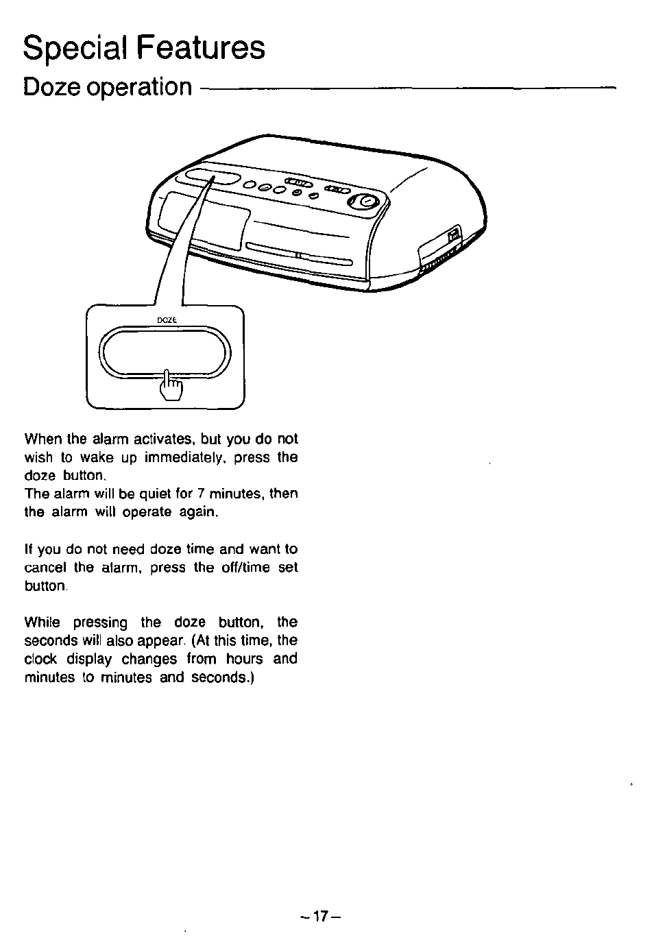 Special features, Doze operation | Panasonic RC6099 User Manual | Page 17 / 20