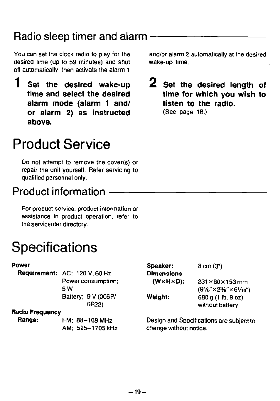 Product service, Specifications, Radio sleep tinner and alarm | Product information | Panasonic RC6099 User Manual | Page 19 / 20