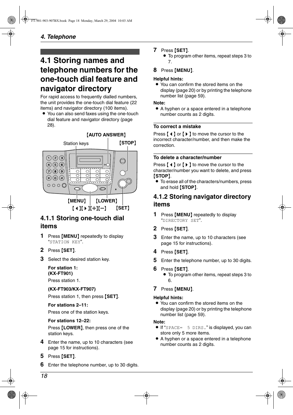 Telephone, Automatic dialling, 1 storing one-touch dial items | 2 storing navigator directory items | Panasonic KX-FT901BX User Manual | Page 18 / 64