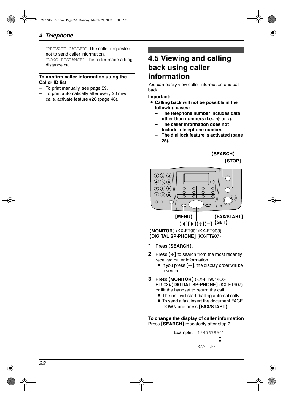 Viewing and calling back using caller information | Panasonic KX-FT901BX User Manual | Page 22 / 64