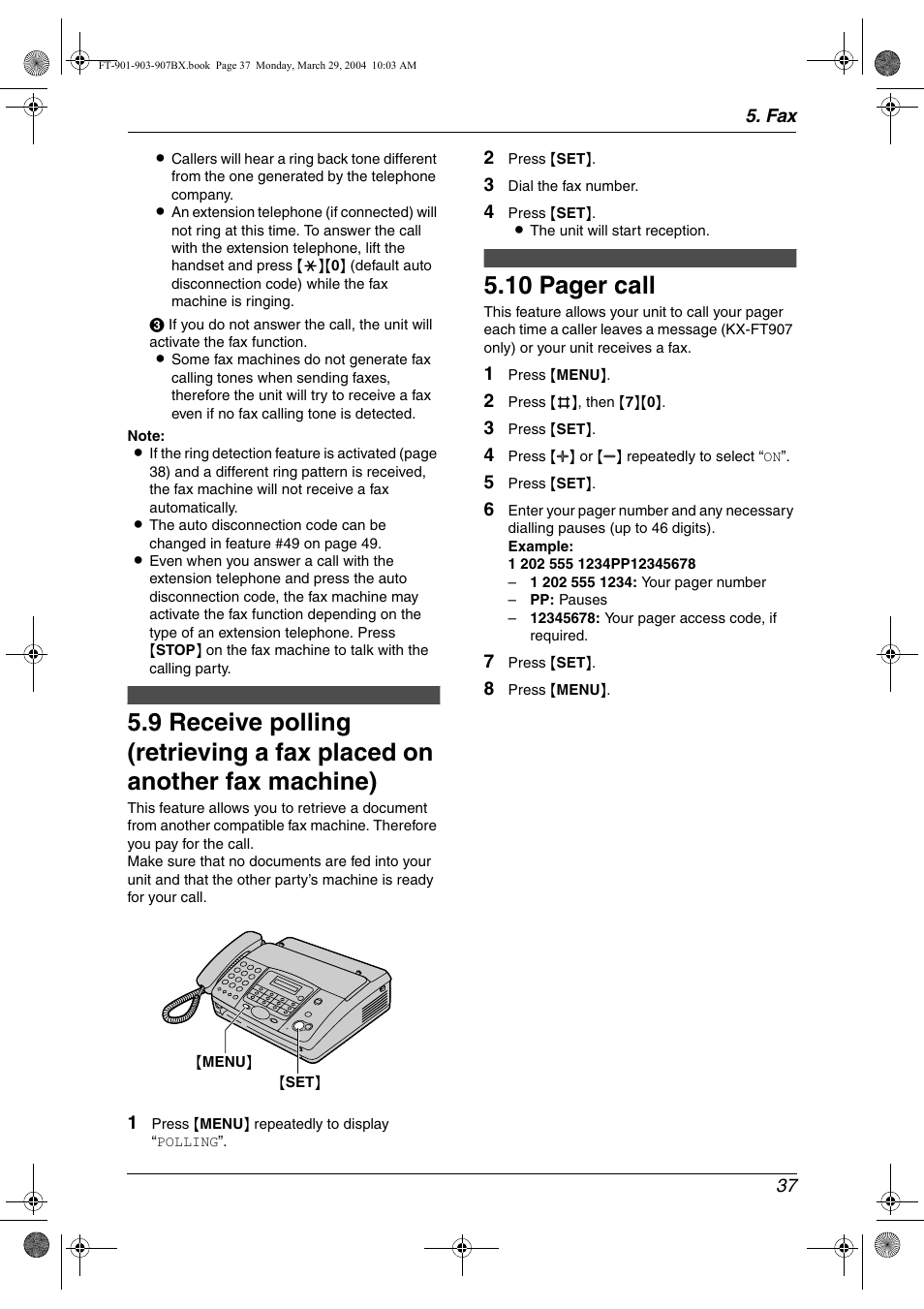 10 pager call | Panasonic KX-FT901BX User Manual | Page 37 / 64