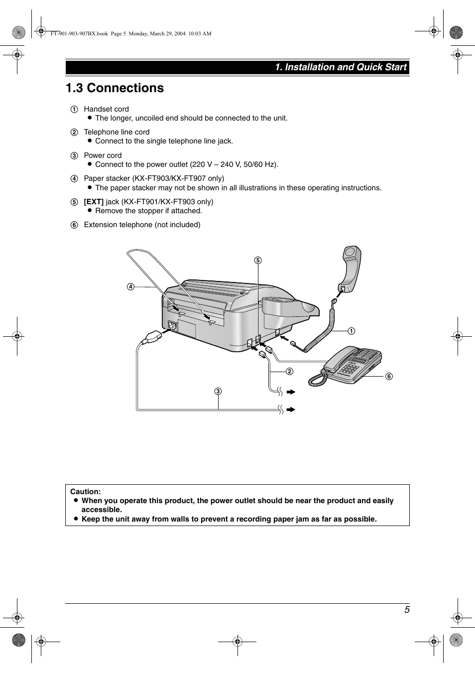 3 connections, Connections, 3 connections | Installation and quick start | Panasonic KX-FT901BX User Manual | Page 5 / 64