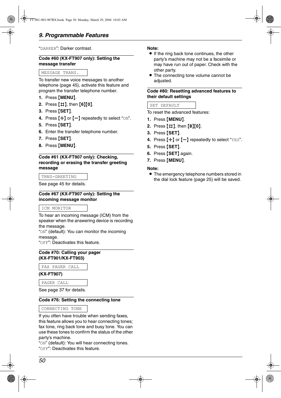 Programmable features 50 | Panasonic KX-FT901BX User Manual | Page 50 / 64