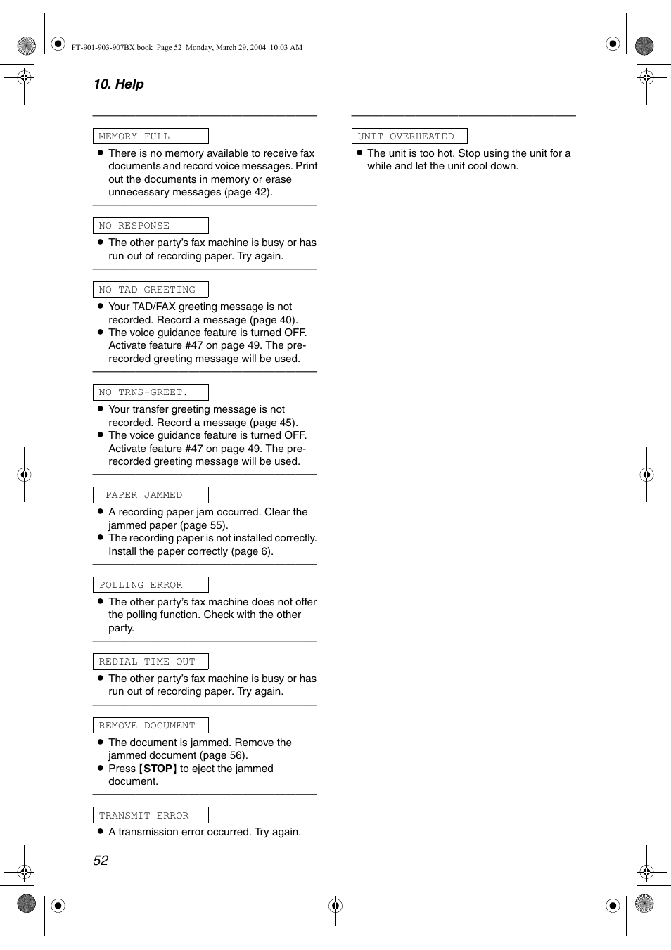 Help 52 | Panasonic KX-FT901BX User Manual | Page 52 / 64