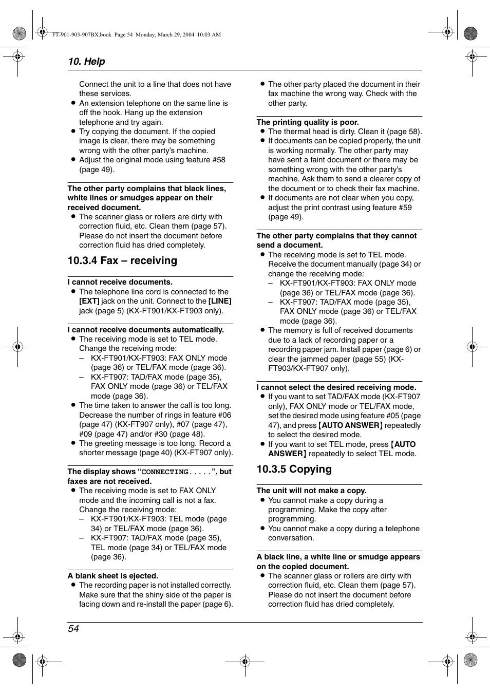 4 fax – receiving, 5 copying, Help 54 | Panasonic KX-FT901BX User Manual | Page 54 / 64